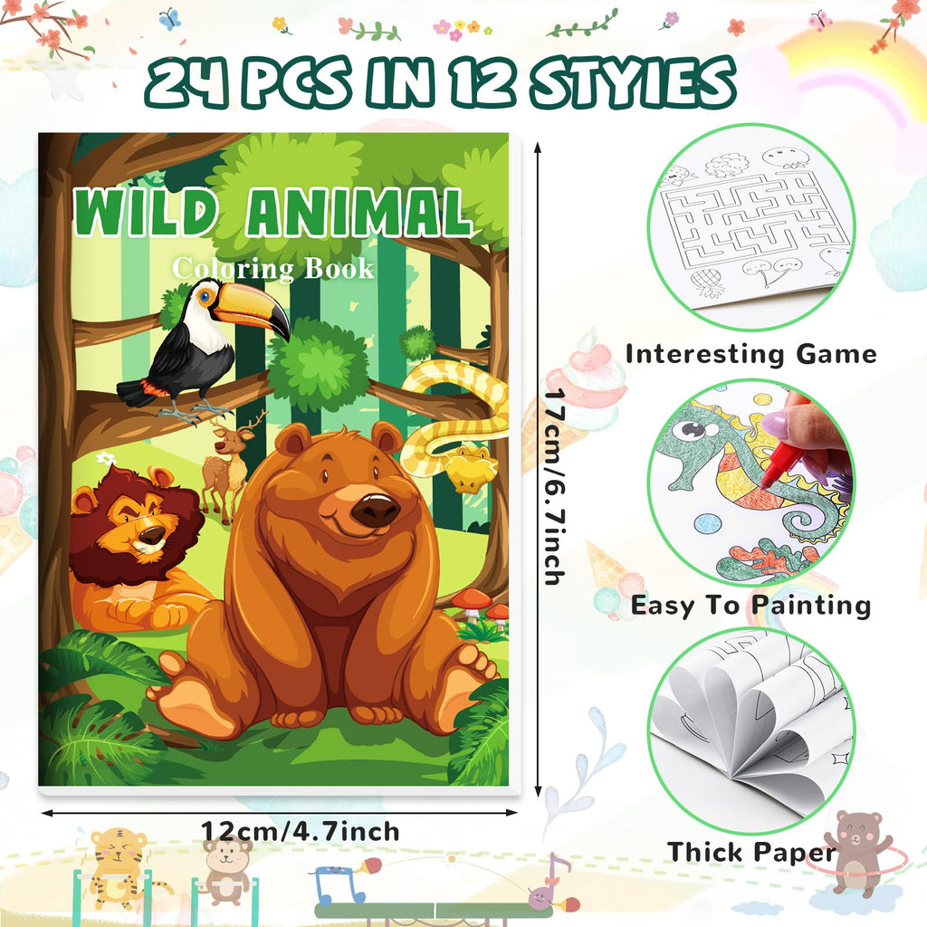 BenLouis 24 Mini Coloring Books Bulk – Small Activity Books for Kids Ages 4-12, Party Favors, Goodie Bags, Travel, 12 Styles, 6 Pages Each