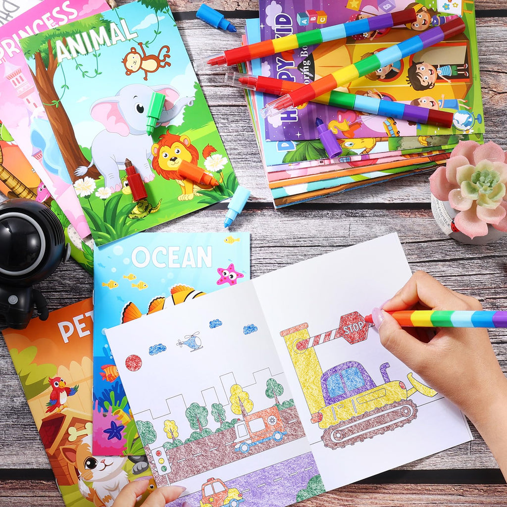 BenLouis 24 Mini Coloring Books Bulk – Small Activity Books for Kids Ages 4-12, Party Favors, Goodie Bags, Travel, 12 Styles, 6 Pages Each
