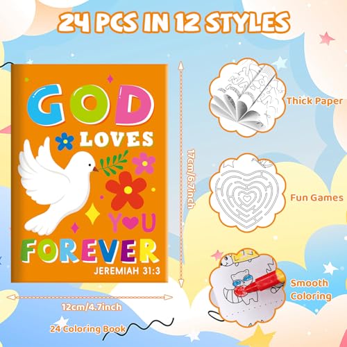 BenLouis 24 Pack Bible Verses Mini Coloring Books for Kids - 72 Patterns, Christian Party Favors, Sunday School Goodie Bag Fillers