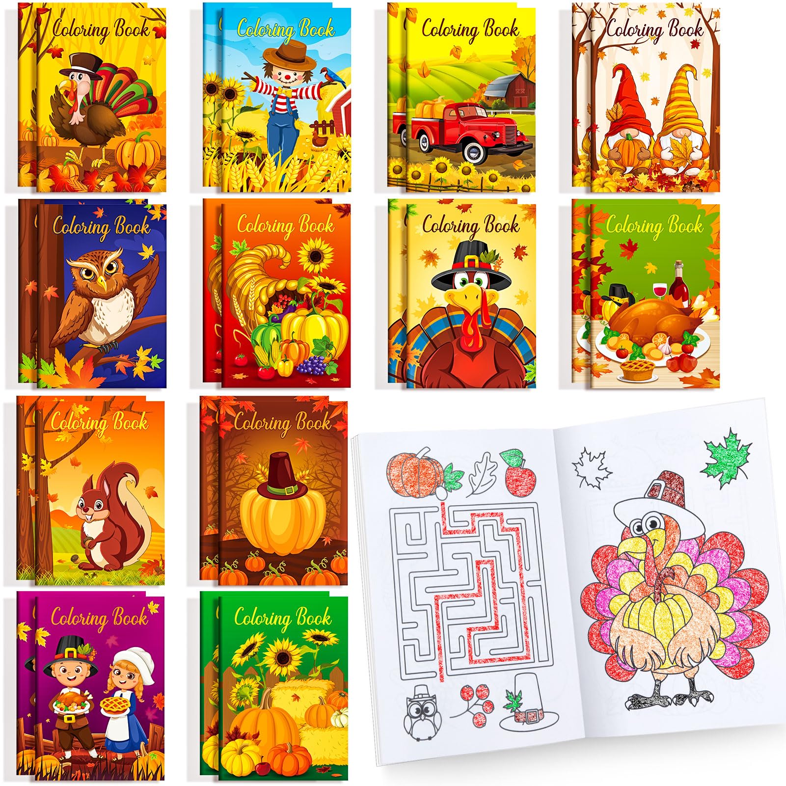 BenLouis 24-Pack Fall Mini Coloring Books for Kids – Autumn Harvest Party Favors, 12 Styles, 72 Patterns