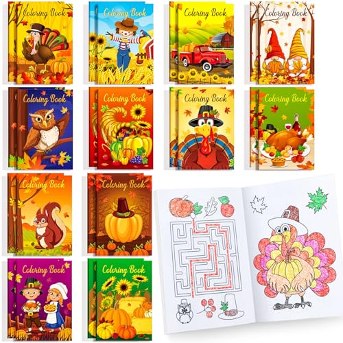 BenLouis 24-Pack Fall Mini Coloring Books for Kids – Autumn Harvest Party Favors, 12 Styles, 72 Patterns