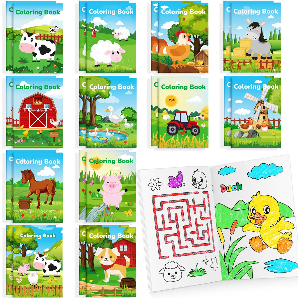 BenLouis 24 Pack Farm Animals Mini Coloring Books - Bulk Party Favors for Kids