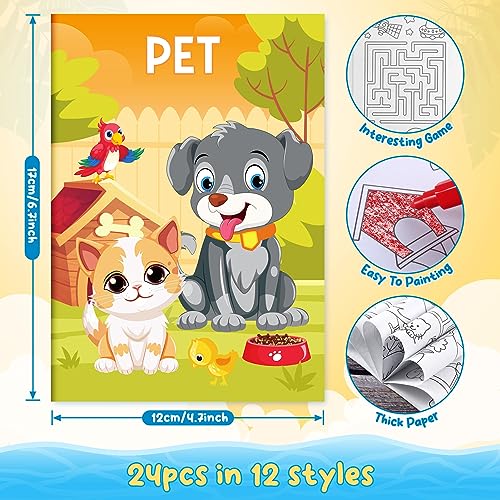 BenLouis 24-Pack Mini Coloring Books for Kids Ages 4-12 - Small Activity Books for Party Favors, Goodie Bags, Classroom, Travel (Animal Themes, 72 Patterns)