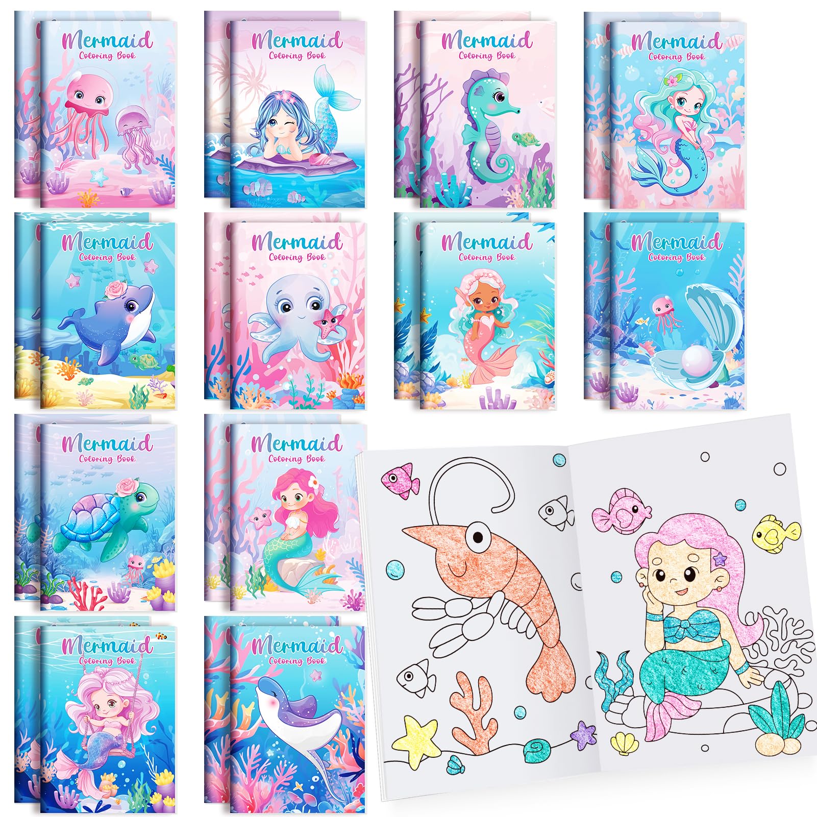 BenLouis 24-Pack Mini Mermaid Coloring Books for Kids Party Favors, 12 Unique Designs, 72 Patterns, Small Activity Books for Goodie Bags, Classroom Rewards, and Travel