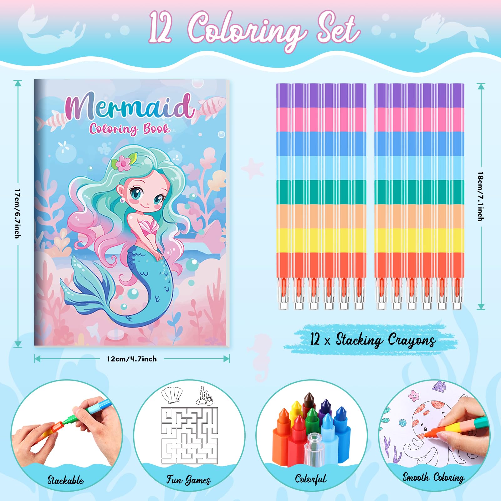 BenLouis 24-Pack Mini Mermaid Coloring Books for Kids Party Favors, 12 Unique Designs, 72 Patterns, Small Activity Books for Goodie Bags, Classroom Rewards, and Travel