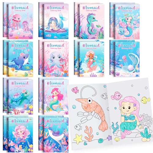 BenLouis 24-Pack Mini Mermaid Coloring Books for Kids Party Favors, 12 Unique Designs, 72 Patterns, Small Activity Books for Goodie Bags, Classroom Rewards, and Travel