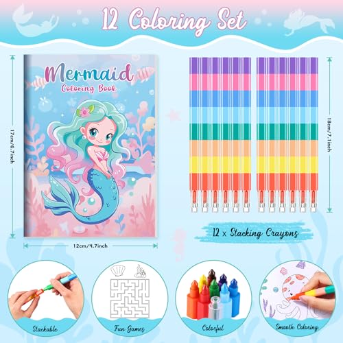 BenLouis 24-Pack Mini Mermaid Coloring Books for Kids Party Favors, 12 Unique Designs, 72 Patterns, Small Activity Books for Goodie Bags, Classroom Rewards, and Travel