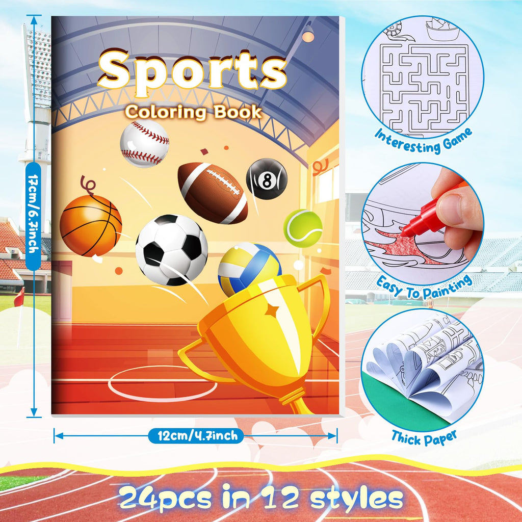 BenLouis 24-Pack Mini Sports Coloring Books – 12 Styles, 72 Patterns for Kids Party Favors