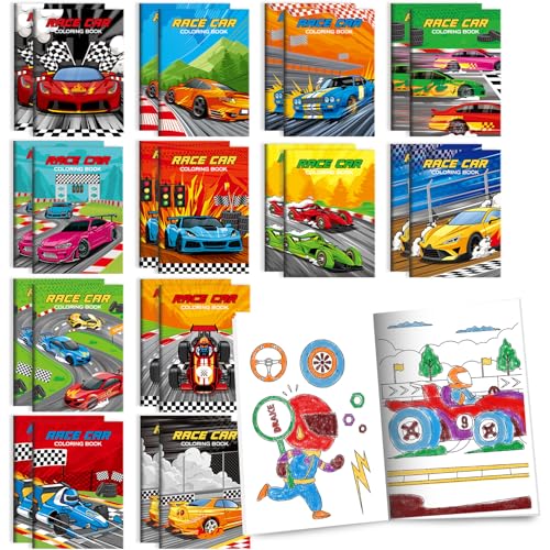 BenLouis 24 Pack Race Car Mini Coloring Books - Small Activity Books for Kids Party Favors, Goodie Bag Stuffers, Classroom Travel
