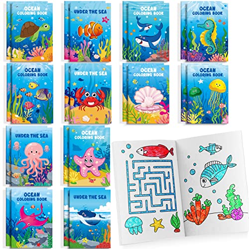 BenLouis 24 Pack Under the Sea Mini Coloring Books – Ocean Animal Party Favors for Kids, 72 Patterns, 6.7 x 4.7 Inches