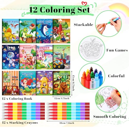 BenLouis Mini Coloring Books Bulk Set with Stacking Crayons – 12 Books + 12 Crayons, 72 Pages, Travel Activity for Kids Ages 4-12