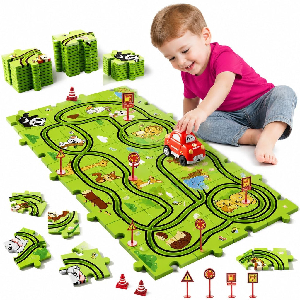 Bennol 39-Piece Animal Car Track Puzzle Set for Toddlers Ages 1-5 – Friction-Powered Car & 6 Traffic Signs