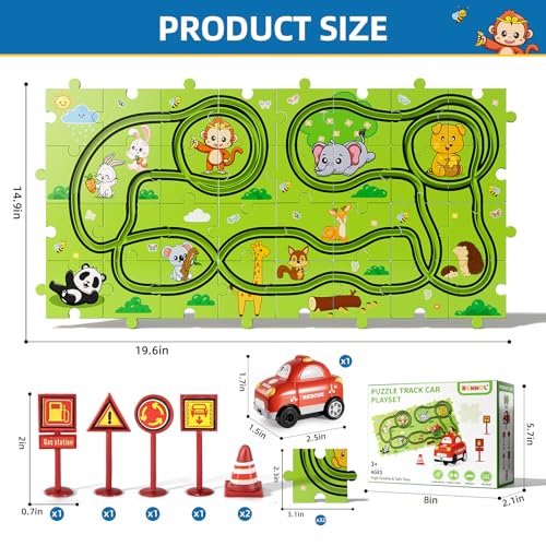 Bennol 39-Piece Animal Car Track Puzzle Set for Toddlers Ages 1-5 – Friction-Powered Car & 6 Traffic Signs