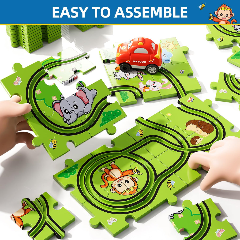 Bennol 39-Piece Animal Car Track Puzzle Set for Toddlers Ages 1-5 – Friction-Powered Car & 6 Traffic Signs
