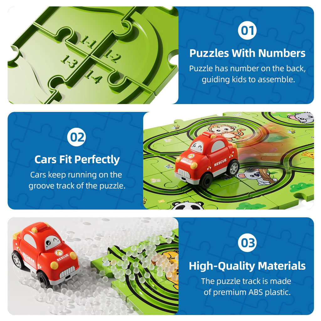 Bennol 39-Piece Animal Car Track Puzzle Set for Toddlers Ages 1-5 – Friction-Powered Car & 6 Traffic Signs