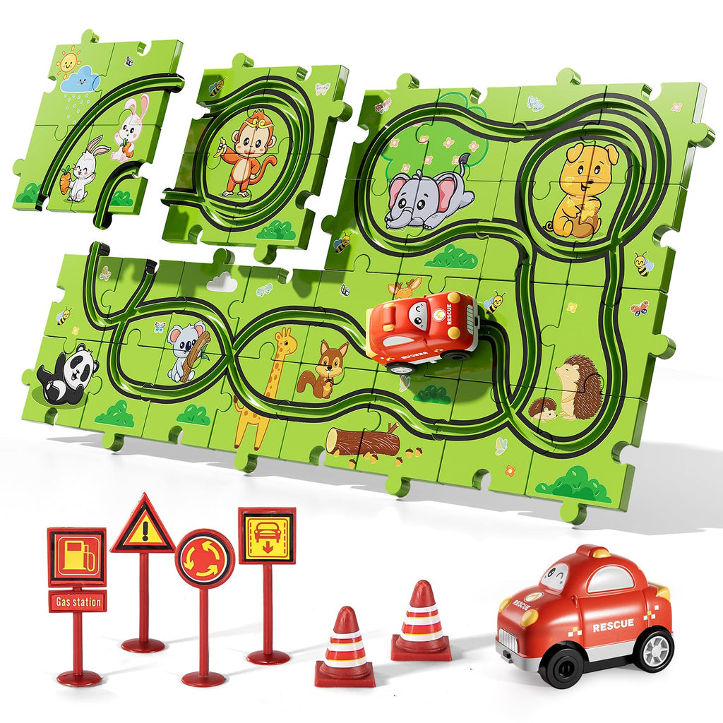 Bennol 39-Piece Animal Car Track Puzzle Set for Toddlers Ages 1-5 – Friction-Powered Car & 6 Traffic Signs