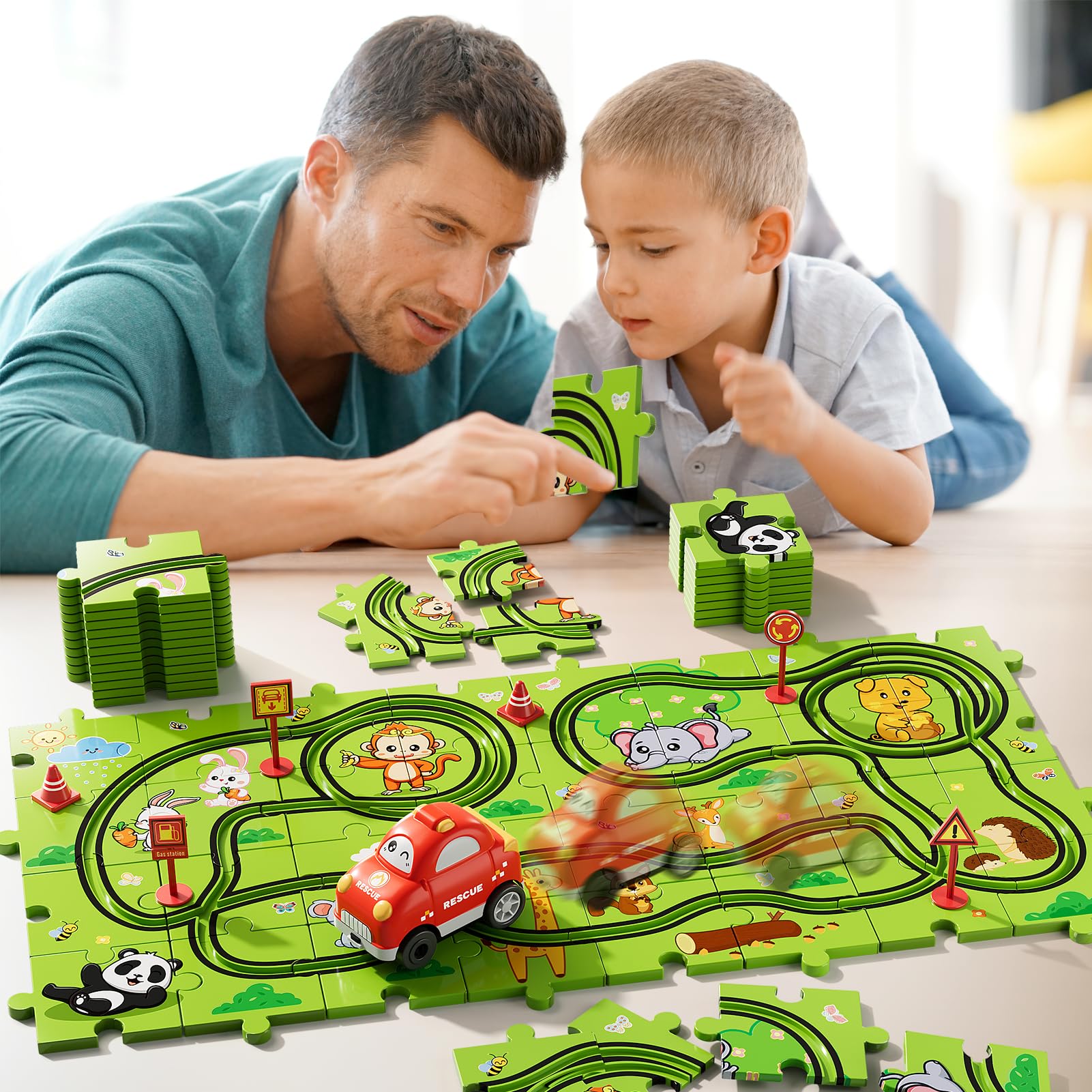 Bennol 39-Piece Animal Car Track Puzzle Set for Toddlers Ages 1-5 – Friction-Powered Car & 6 Traffic Signs