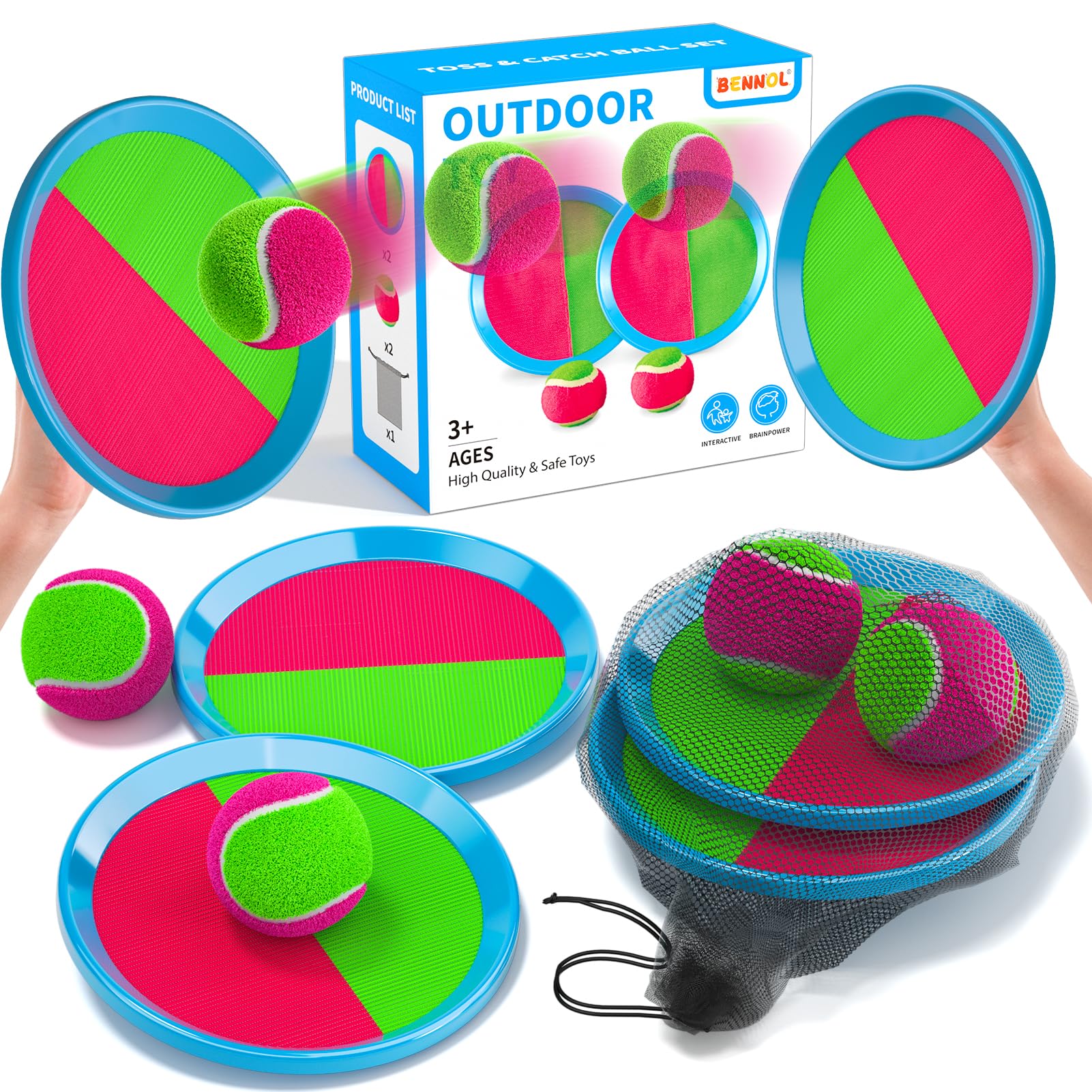 Bennol Toss and Catch Ball Game - 2 Paddles, 2 Balls, Storage Bag - Outdoor Toys for Kids Ages 3-10
