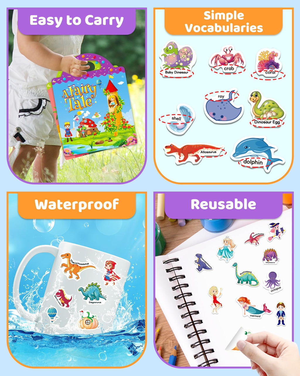 Benresive Reusable Sticker Book for Toddlers – 94 Ocean, Fairy & Dinosaur Stickers, Portable Travel Toy with Storage