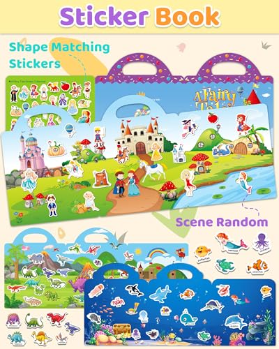 Benresive Reusable Sticker Book for Toddlers – 94 Ocean, Fairy & Dinosaur Stickers, Portable Travel Toy with Storage