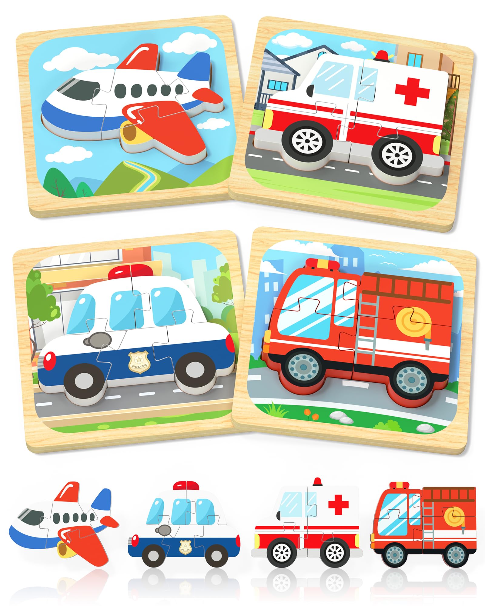Benresive Wooden Toddler Puzzles - 4 Pack Vehicle Montessori Toys for Ages 1-3
