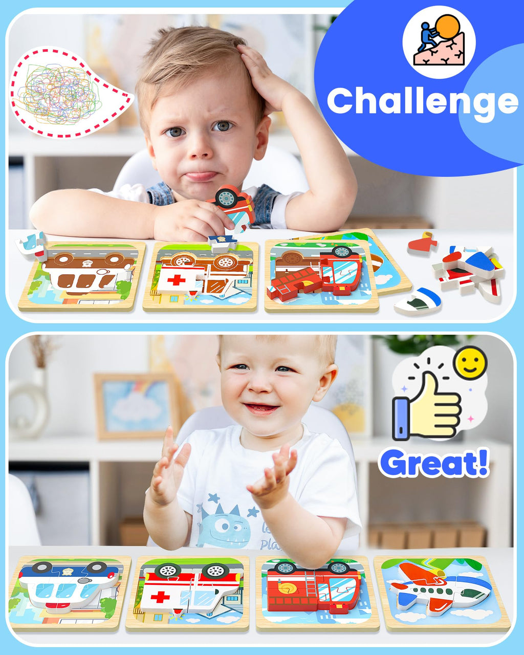 Benresive Wooden Toddler Puzzles - 4 Pack Vehicle Montessori Toys for Ages 1-3