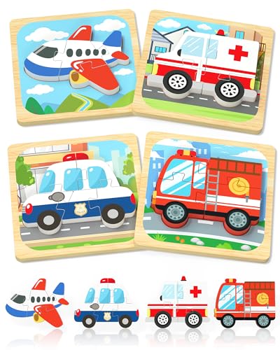 Benresive Wooden Toddler Puzzles - 4 Pack Vehicle Montessori Toys for Ages 1-3