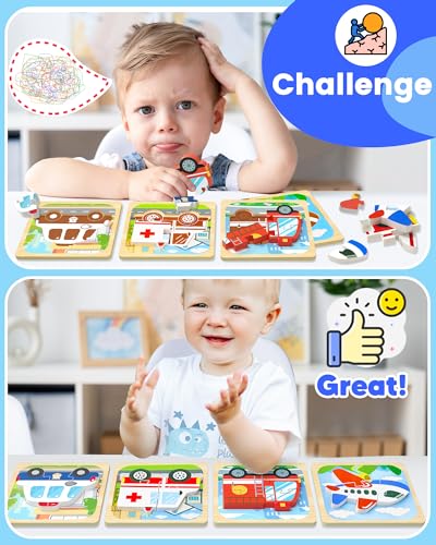 Benresive Wooden Toddler Puzzles - 4 Pack Vehicle Montessori Toys for Ages 1-3