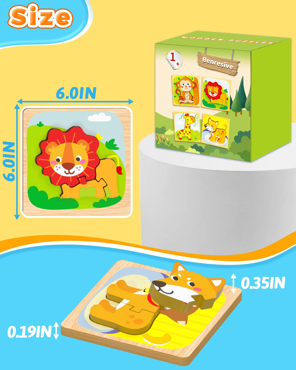 Benresive Wooden Toddler Puzzles 4-Pack: Animal Montessori Toys for Ages 1-3