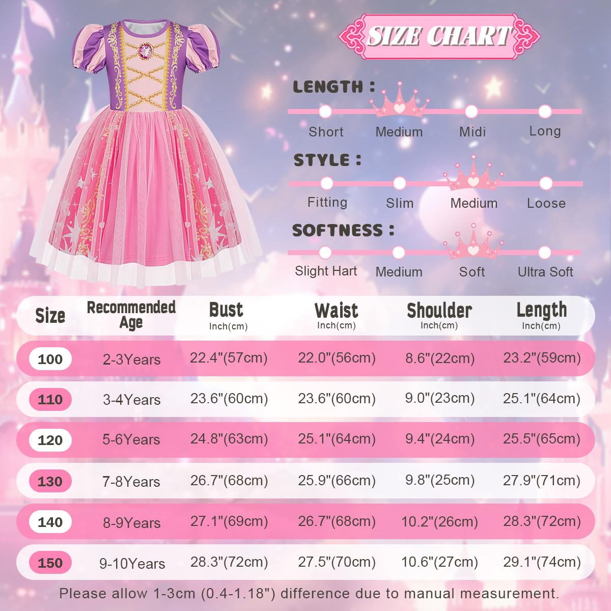 Benylion Girls Princess Dress with 3D Diamond Print & Apple Pattern – Halloween Cosplay, Birthday Party Outfit