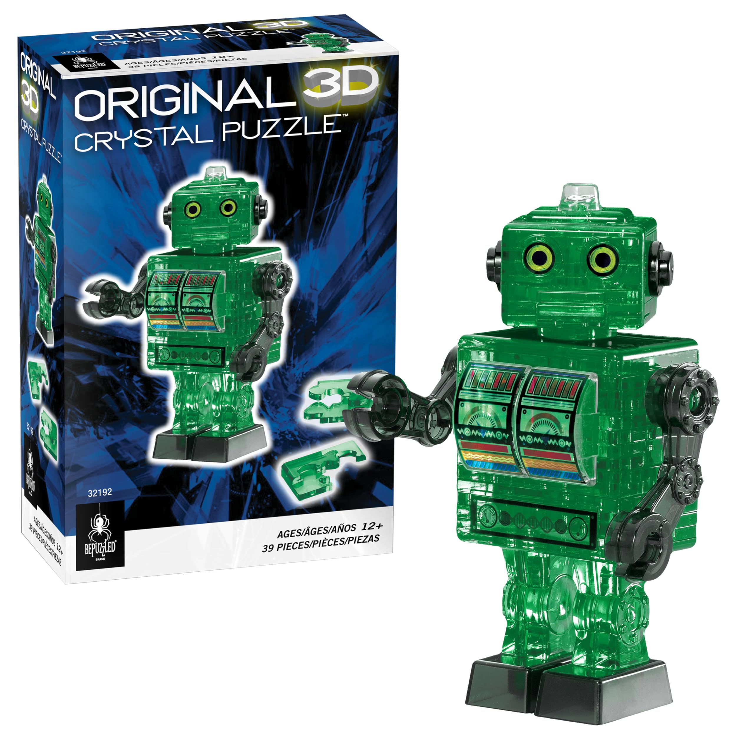 BePuzzled 3D Crystal Puzzle – Green Tin Robot (39 Pieces, Level 2)