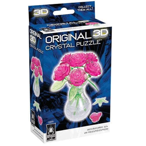 BePuzzled Pink Roses in a Vase 3D Crystal Puzzle – 47-Piece Translucent Puzzle for Ages 12+