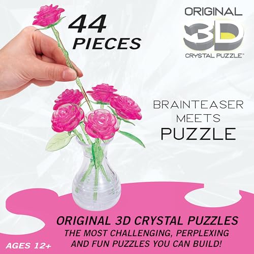 BePuzzled Pink Roses in a Vase 3D Crystal Puzzle – 47-Piece Translucent Puzzle for Ages 12+