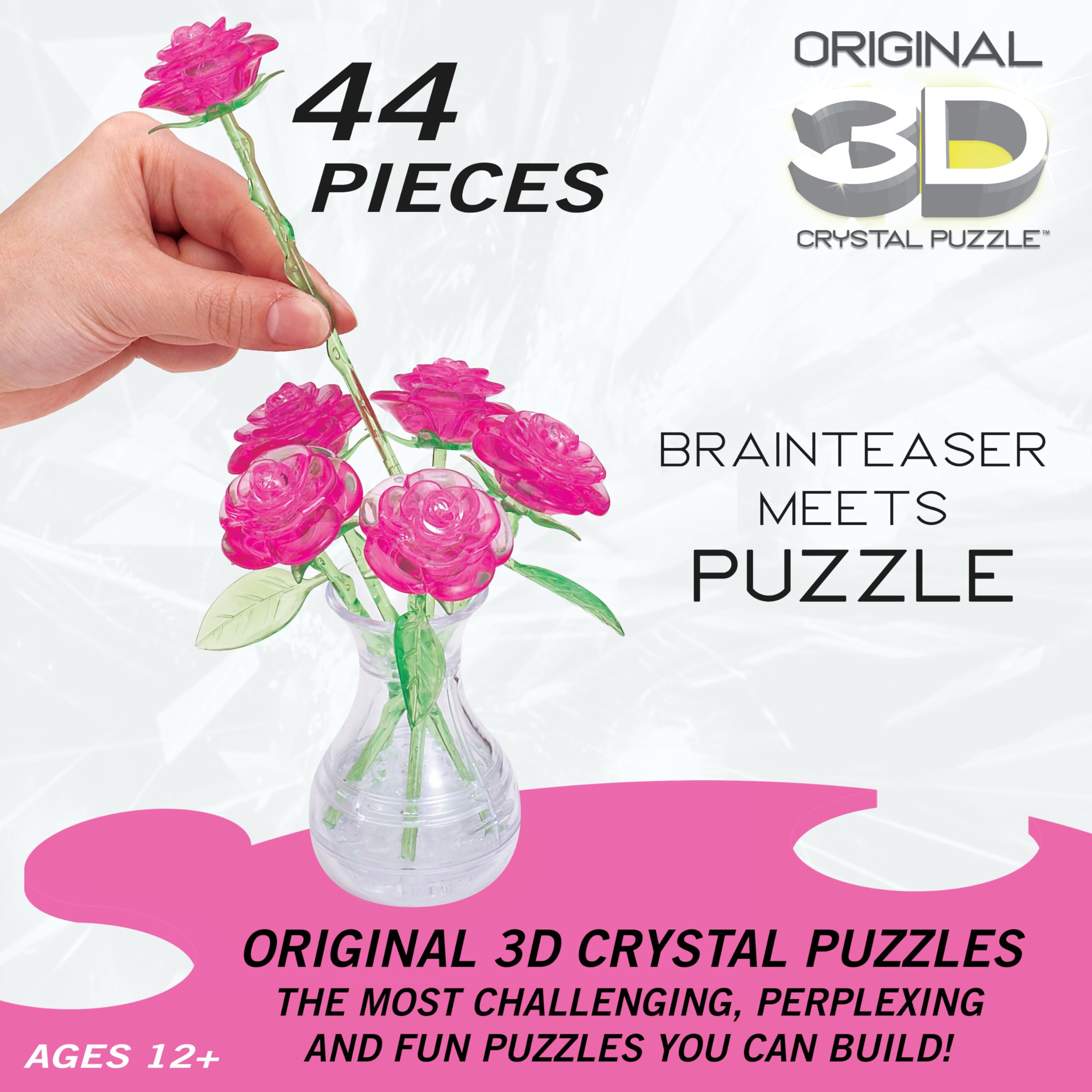 BePuzzled Pink Roses in a Vase 3D Crystal Puzzle – 47-Piece Translucent Puzzle for Ages 12+