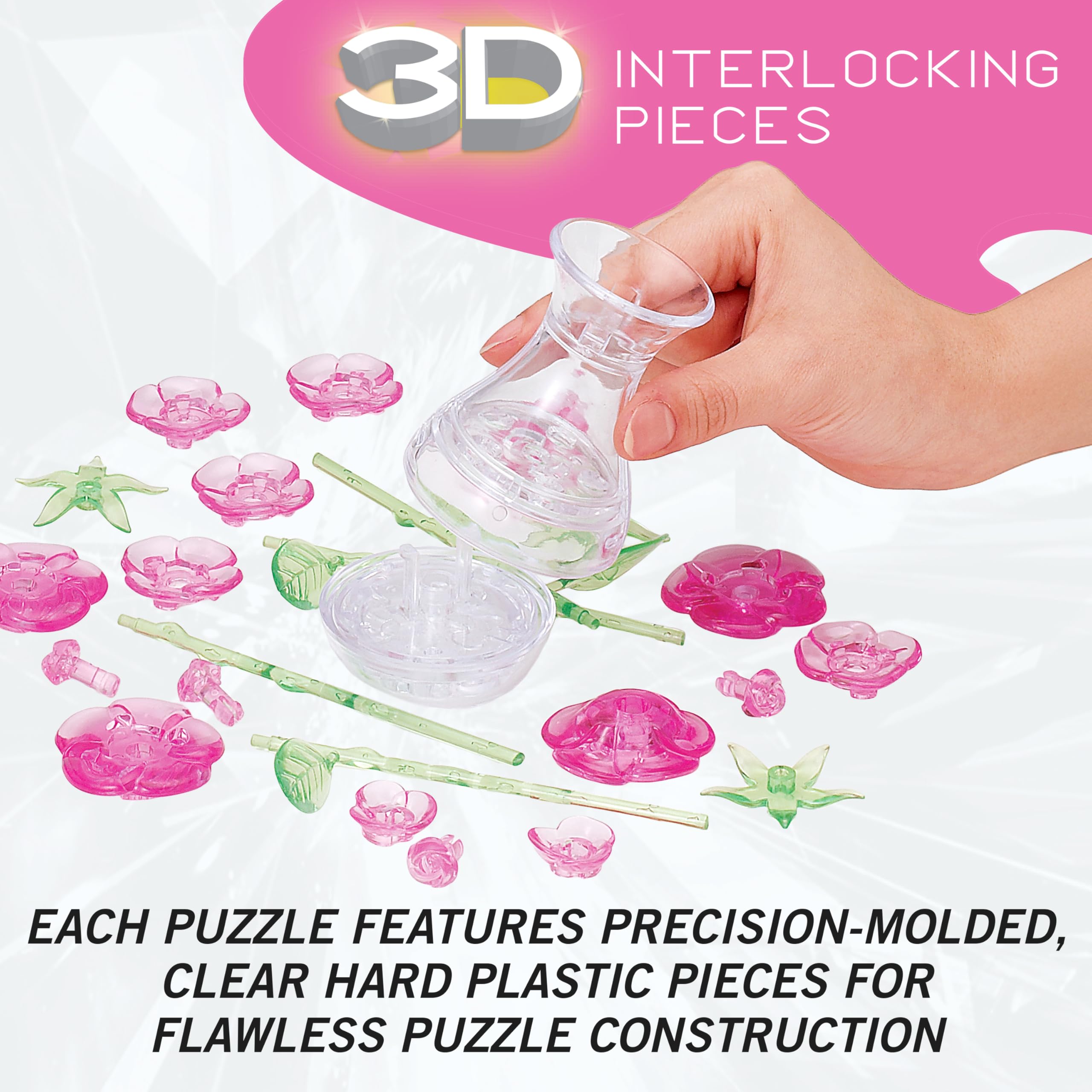 BePuzzled Pink Roses in a Vase 3D Crystal Puzzle – 47-Piece Translucent Puzzle for Ages 12+