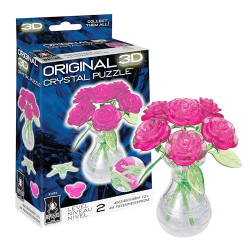 BePuzzled Pink Roses in a Vase 3D Crystal Puzzle – 47-Piece Translucent Puzzle for Ages 12+