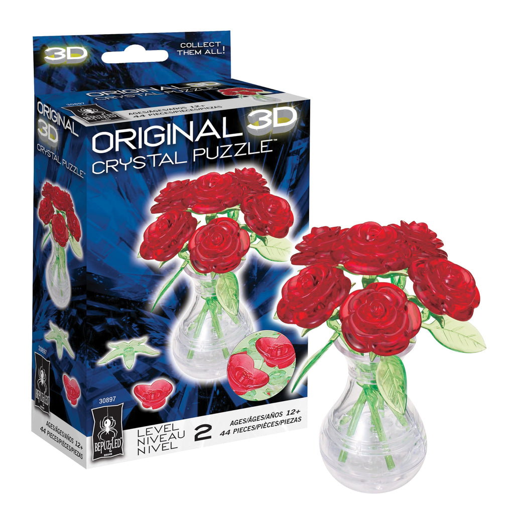 BePuzzled Red Roses in Vase 3D Crystal Puzzle - 47 Piece Translucent Building Set for Ages 12+
