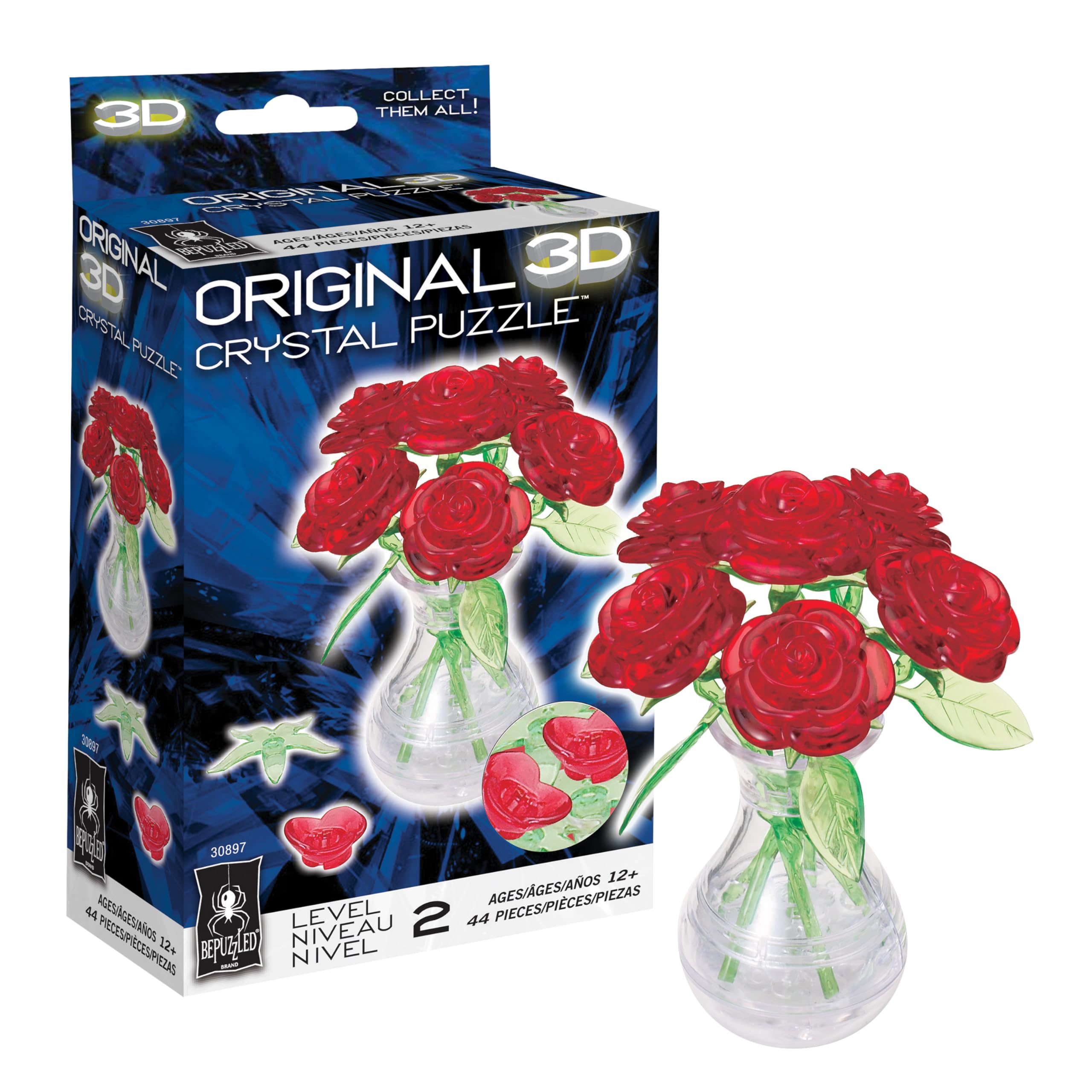 BePuzzled Red Roses in Vase 3D Crystal Puzzle - 47 Piece Translucent Building Set for Ages 12+