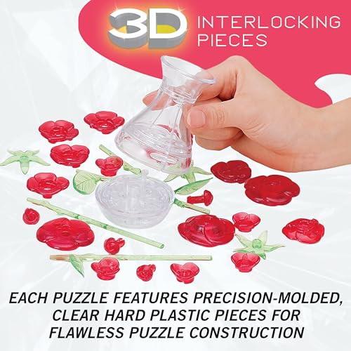 BePuzzled Red Roses in Vase 3D Crystal Puzzle - 47 Piece Translucent Building Set for Ages 12+