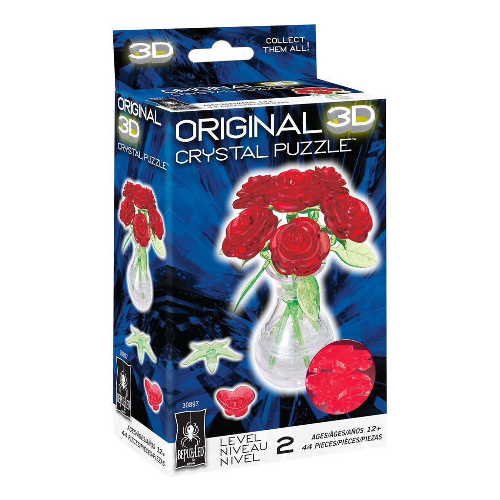 BePuzzled Red Roses in Vase 3D Crystal Puzzle - 47 Piece Translucent Building Set for Ages 12+