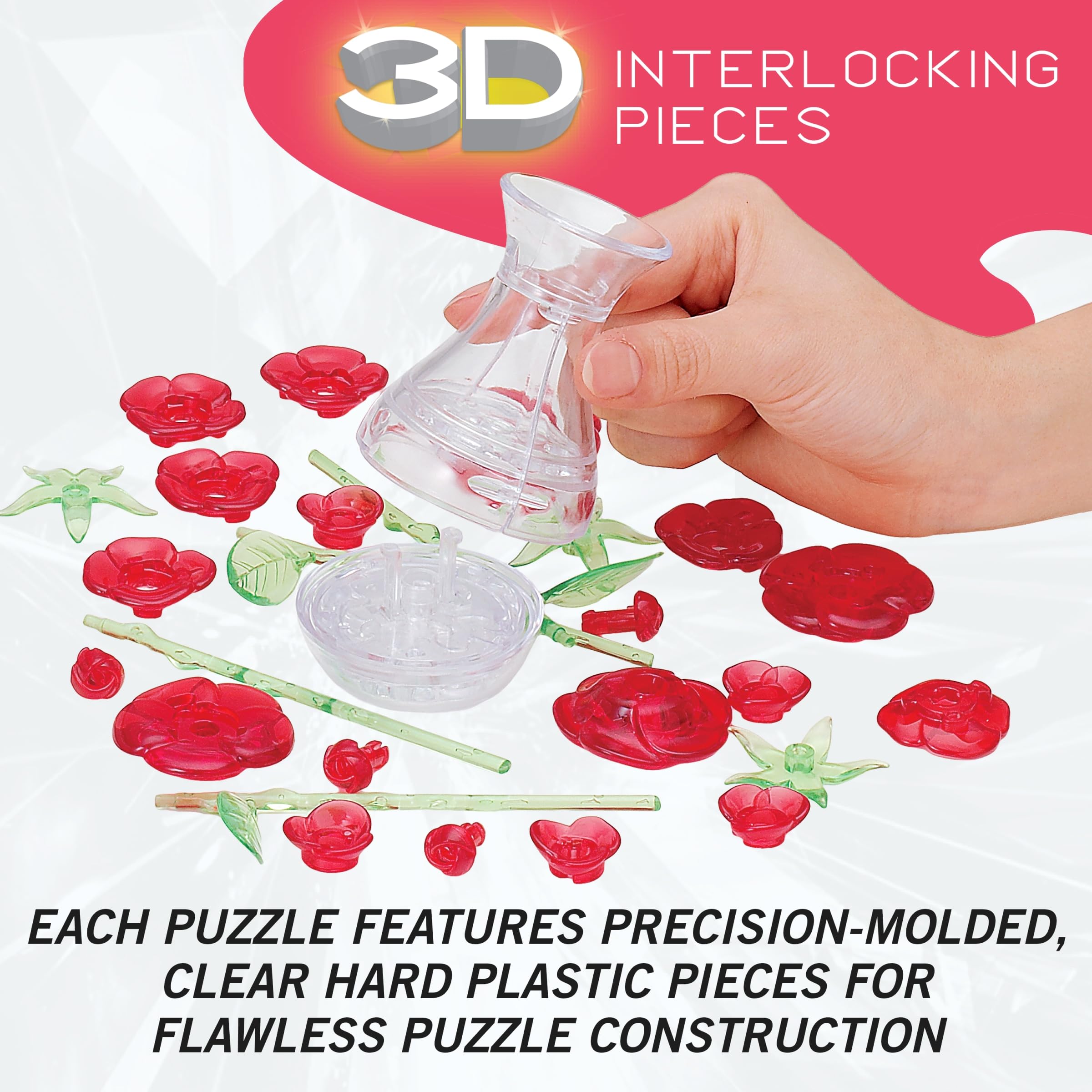 BePuzzled Red Roses in Vase 3D Crystal Puzzle - 47 Piece Translucent Building Set for Ages 12+