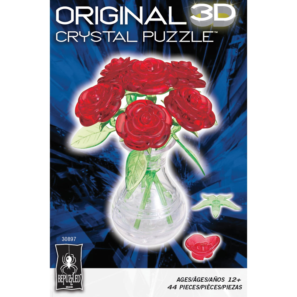 BePuzzled Red Roses in Vase 3D Crystal Puzzle - 47 Piece Translucent Building Set for Ages 12+