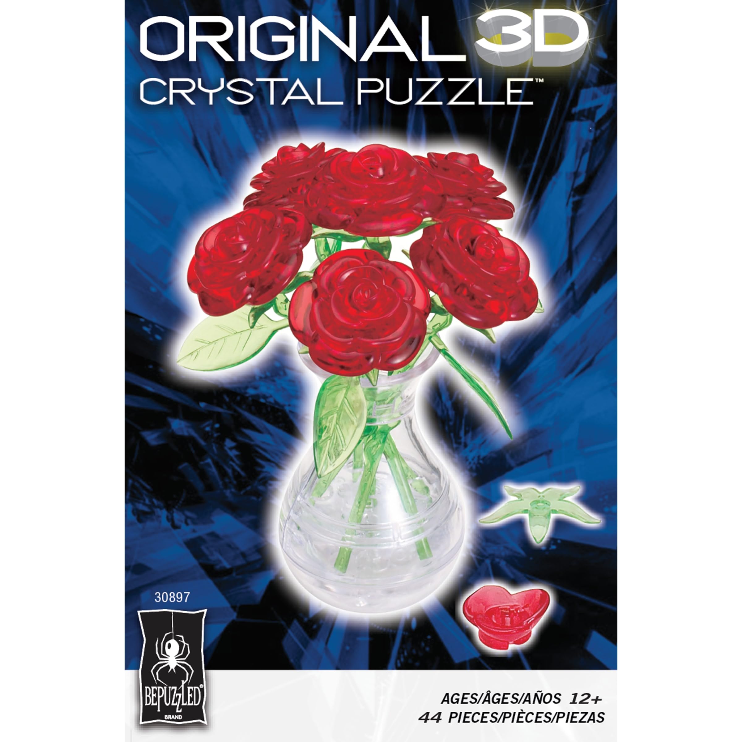 BePuzzled Red Roses in Vase 3D Crystal Puzzle - 47 Piece Translucent Building Set for Ages 12+