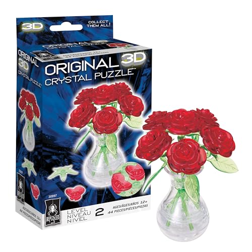 BePuzzled Red Roses in Vase 3D Crystal Puzzle - 47 Piece Translucent Building Set for Ages 12+