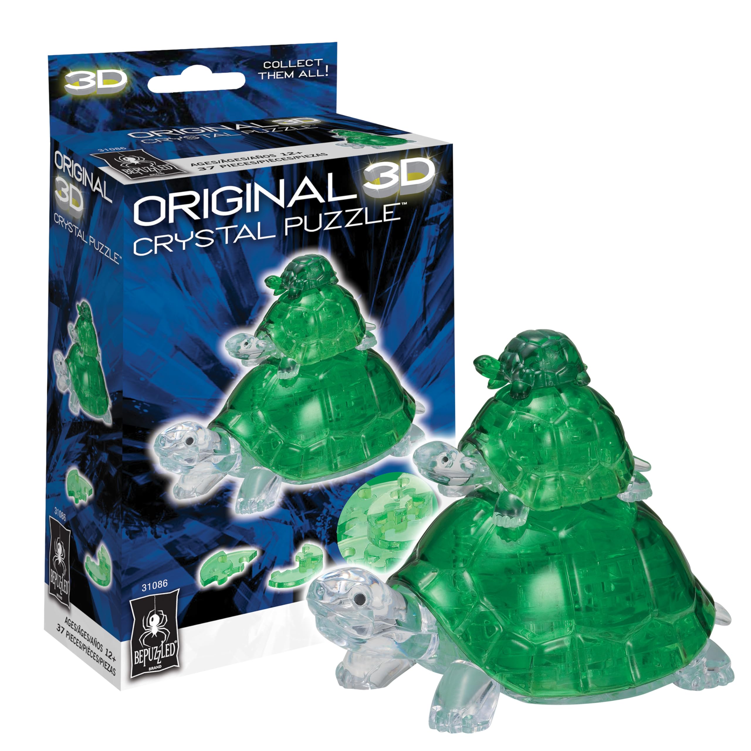 BePuzzled Turtles Original 3D Crystal Puzzle – 37 Pieces, Translucent Green, Ages 12+