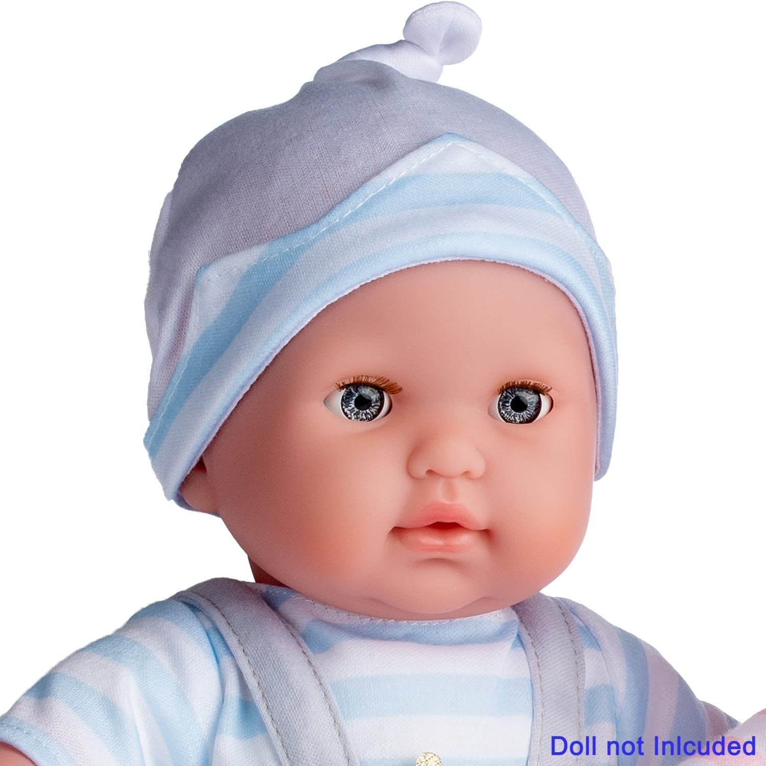 Berenguer Boutique Baby Doll Outfit – Gray Overall Shorts with Blue Stripes, Headband & Booties, Fits 14-16 Inch Dolls
