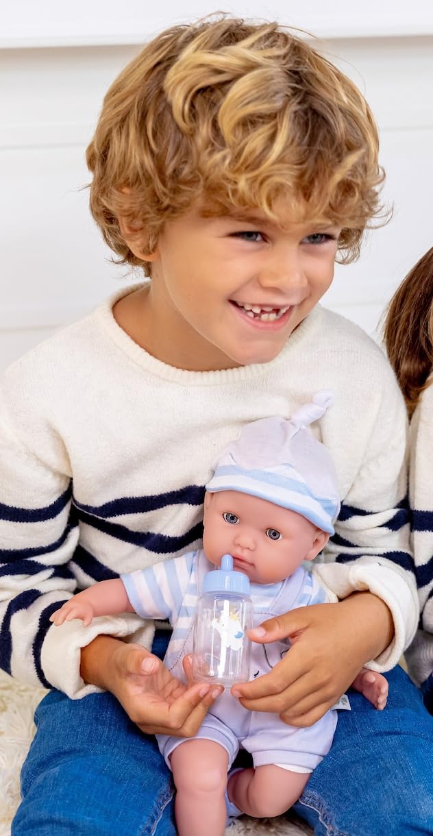Berenguer Boutique Baby Doll Outfit – Gray Overall Shorts with Blue Stripes, Headband & Booties, Fits 14-16 Inch Dolls