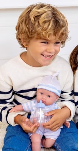 Berenguer Boutique Baby Doll Outfit – Gray Overall Shorts with Blue Stripes, Headband & Booties, Fits 14-16 Inch Dolls