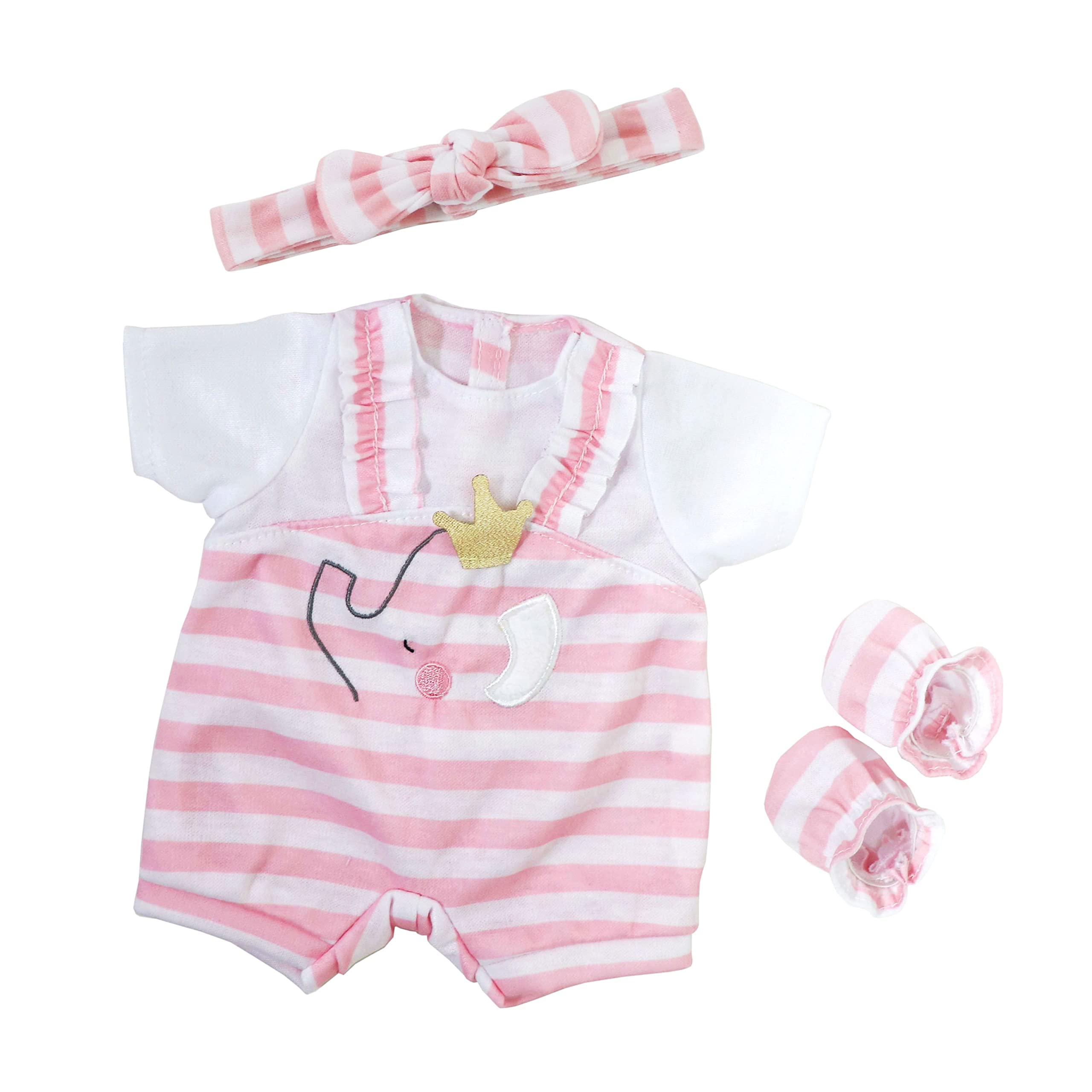Berenguer Boutique Baby Doll Outfit – Pink Stripes & White Overall Shorts with Headband and Booties for Dolls 14-16 Inches