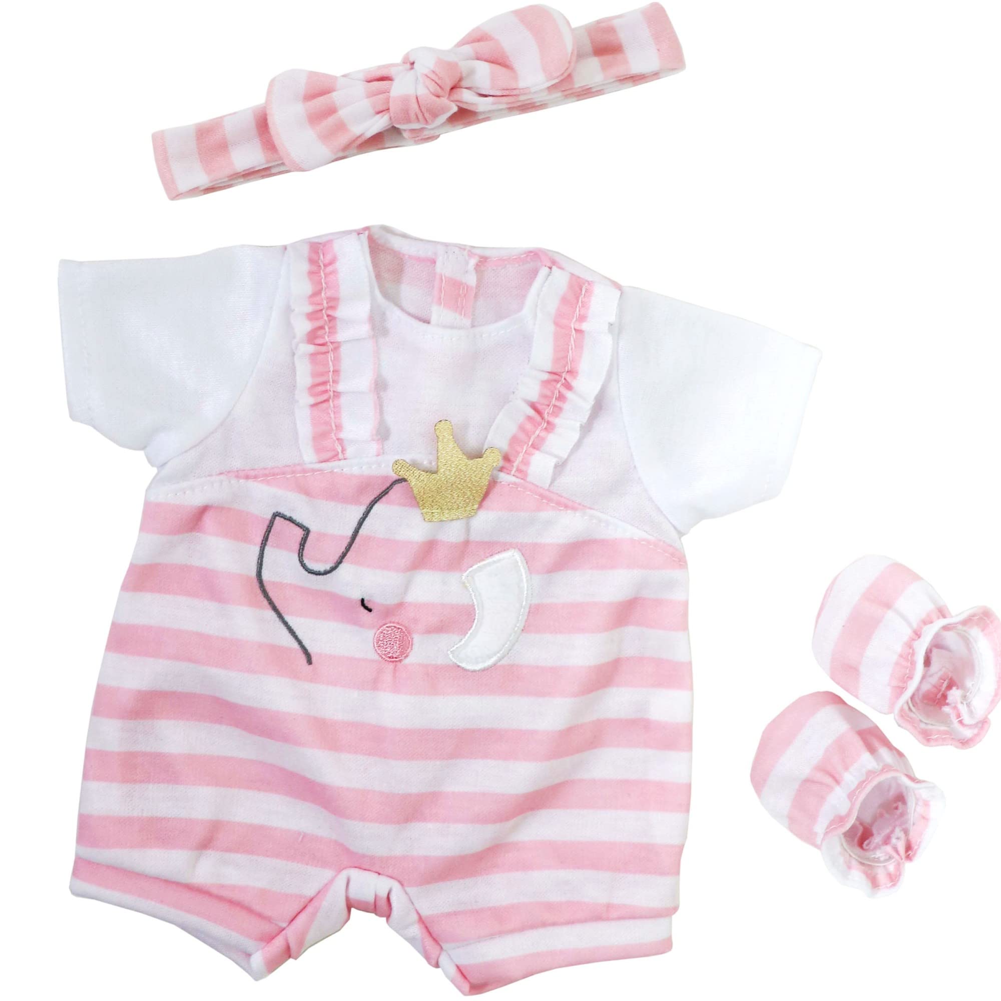 Berenguer Boutique Baby Doll Outfit – Pink Stripes & White Overall Shorts with Headband and Booties for Dolls 14-16 Inches